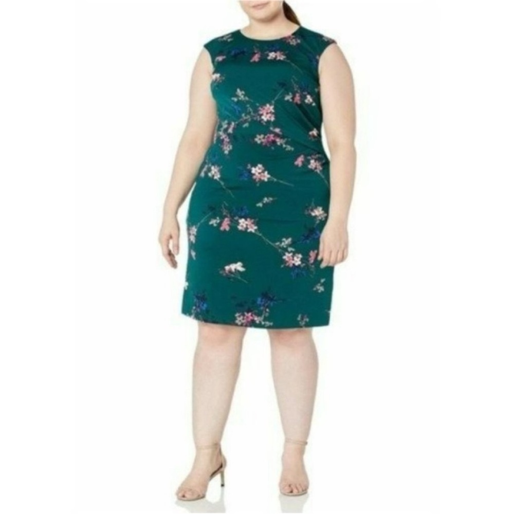 Eliza J Printed Sheath Dress Floral Knee Length Sheath Green Cap Sleeves